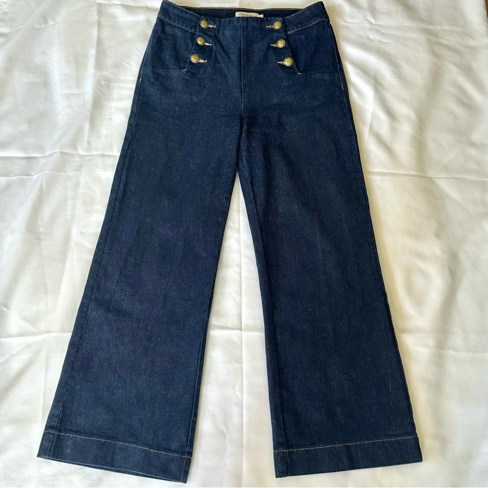 Denim SailorJeans Blue Flare Wide Leg with Gold Buttons Size Large 99% COTTON - Picture 4 of 16